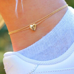 ▶ GOLD INITIAL ANKLET ❤️HEART CHARM PERSONALIZED DOUBLE LAYER DAINTY, ELDM22105A